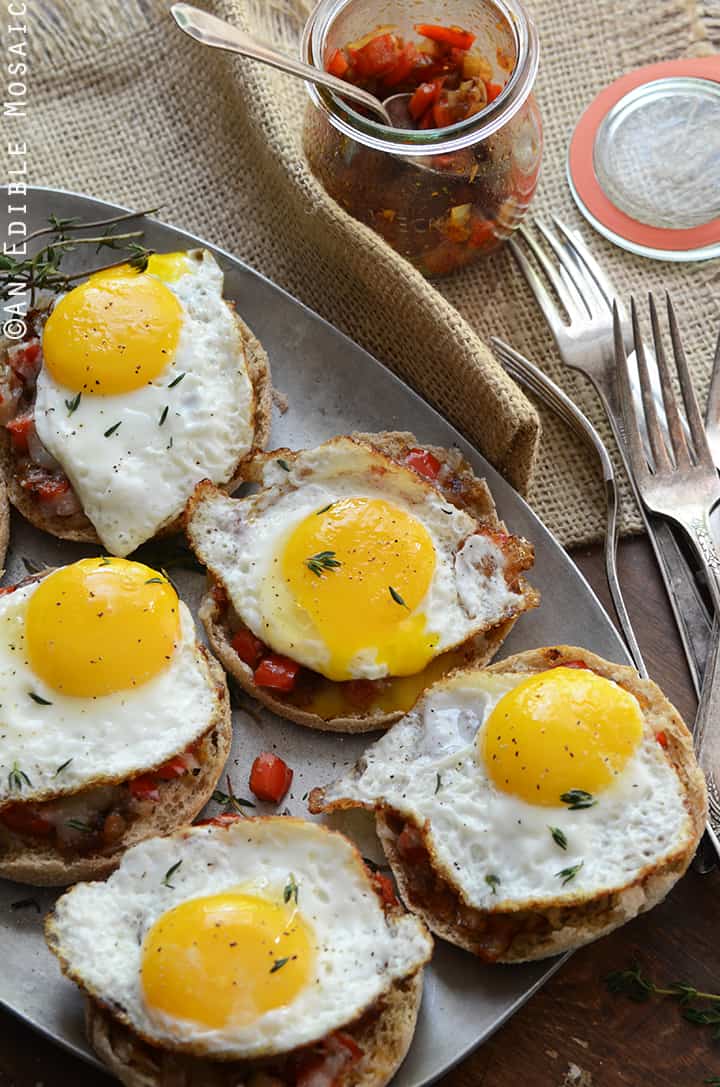 Cheesy English Muffins with Smoky Balsamic Red Pepper Compote and Fried ...