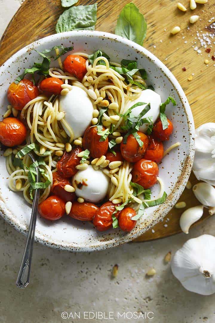 Easy Oven Roasted Tomatoes Recipe with Pasta, Pine Nuts, and Mozzarella ...