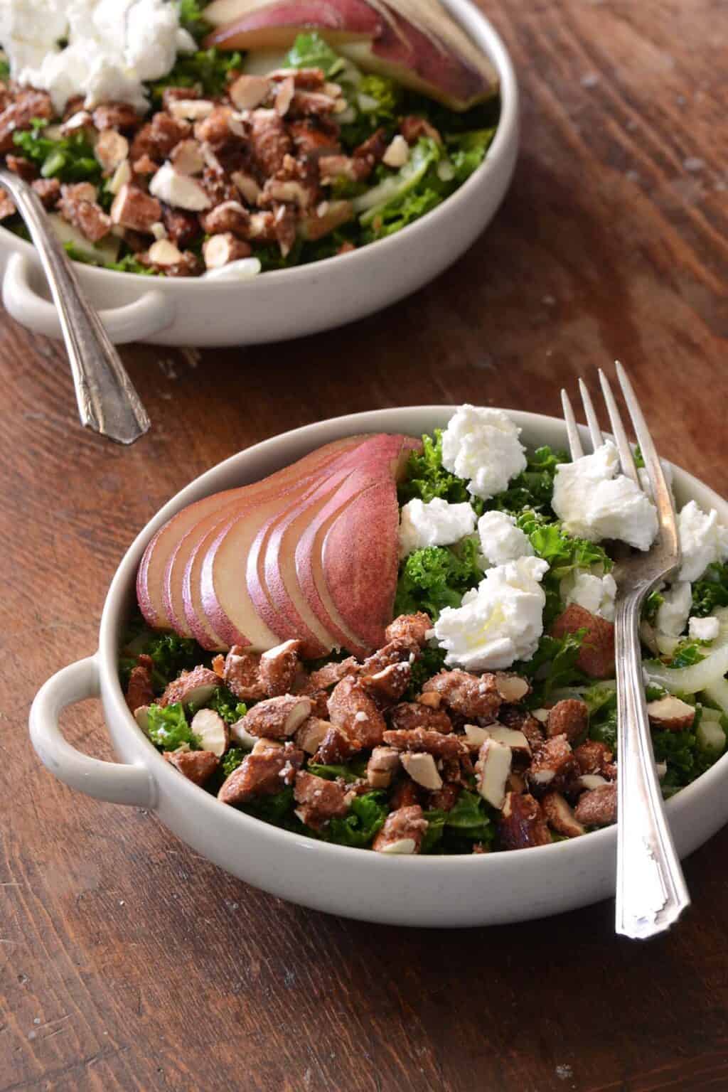 Simple Pear Kale Salad With Candied Almonds And Crumbled Feta - An ...